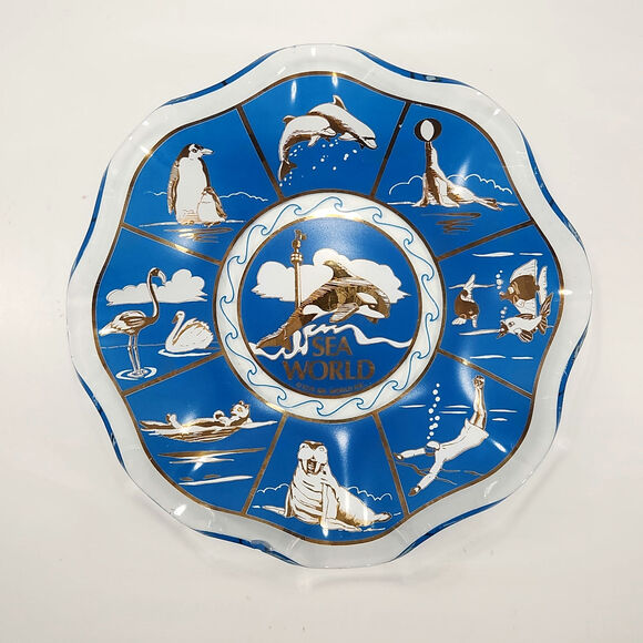 Vintage MCM Sea World Souvenir Blue Glass Decorative Bowl / Dish | 1976 Shamu - Picture 4 of 9